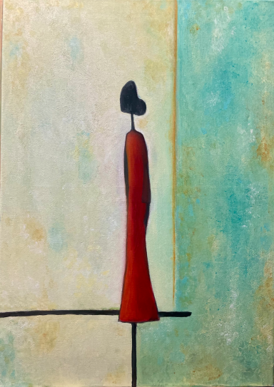 STEREOCORDIS Figura estilizada de mujer en rojo sobre fondo azul y amarillo.