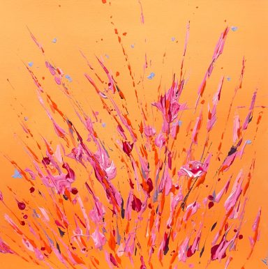 IMPULSO-APERTURA Expresión abstracta de tonos rosas sobre fondo naranja, con salpicaduras y líneas dinámicas.