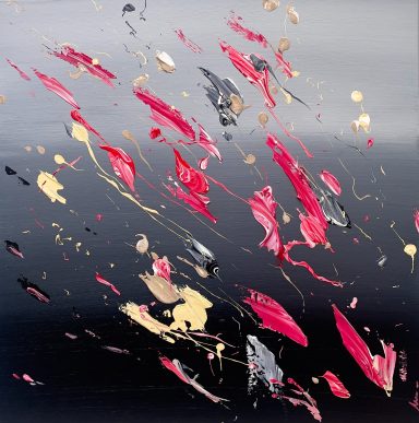 IMPULSO-OSADÍA Pinceladas abstractas en tonos rojos, dorados y negros sobre un fondo oscuro.