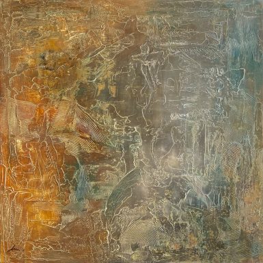 LOKURA Textura abstracta con tonos cálidos y fríos, mezcla de colores metálicos y tierra.
