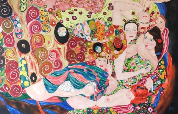 SIX FATALE Mujeres en un paisaje colorido con formas orgánicas y patrones vibrantes.