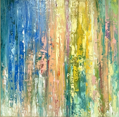SENS Patrón abstracto con franjas de colores azul, amarillo, naranja y verde.