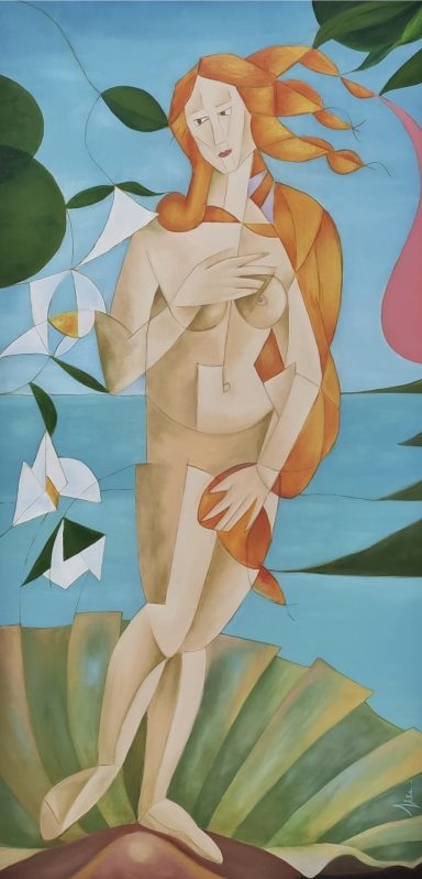 DIVINE Mujer desnuda de cabello largo y pelirrojo, rodeada de flores y agua.