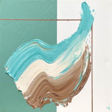 ECOS-JADE Pinceladas en tonos turquesa, blanco y marrón sobre fondo claro.