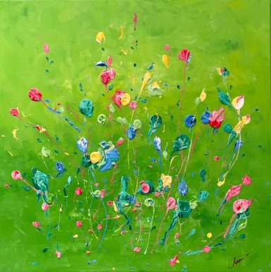 IMPULSO-RESONANCIA Pintura abstracta de flores coloridas sobre fondo verde vibrante.