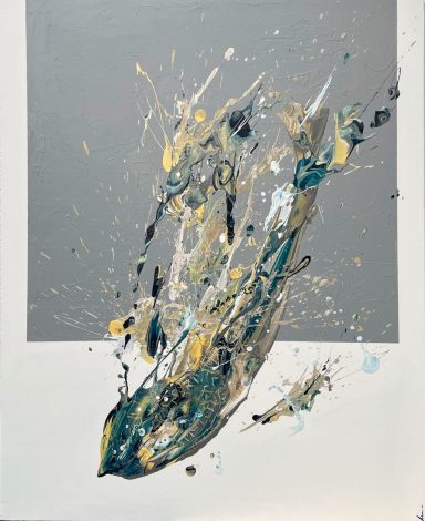 CAMINO-REM Abstracto en tonos azules y amarillos, con salpicaduras sobre fondo gris.