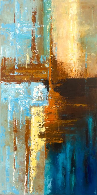 EQUILIBRIO Abstract painting con colores azules, dorados y marrones, con formas fluidas y texturizadas.