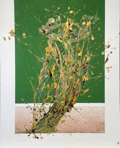 CAMINO-ALMANTA Explosión de colores en verde y amarillo sobre fondo claro, con trazos abstractos.