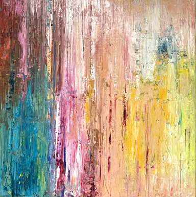 DEBUT Fondo abstracto con tonos vibrantes de azul, rosa, amarillo y texturas dinámicas.