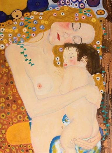 MATERNITY Mujer abrazando a un niño, con fondo decorativo en estilo simbolista.