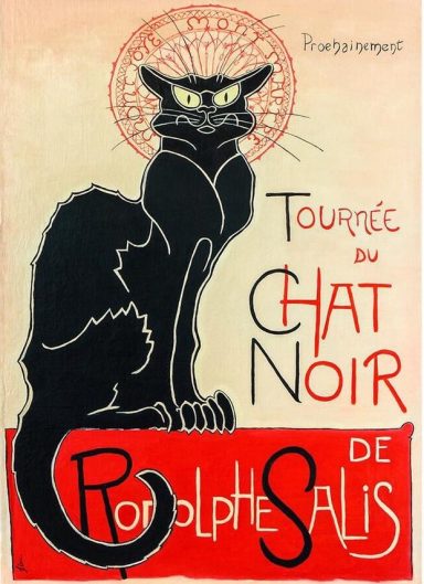 KURO NEKO Gato negro con ojos amarillos, fondo rojo, texto de la Tournée du Chat Noir.