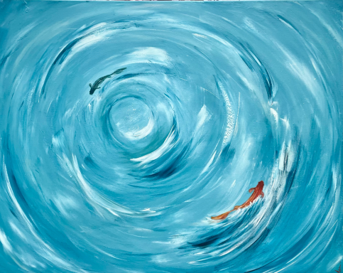 CIELO LIQUIDO Un remolino azul con una figura nadando en dirección al centro.