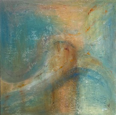 PENSAMIENTO Abstract painting con tonos azules, naranjas y texturas suaves que evocan profundidad.